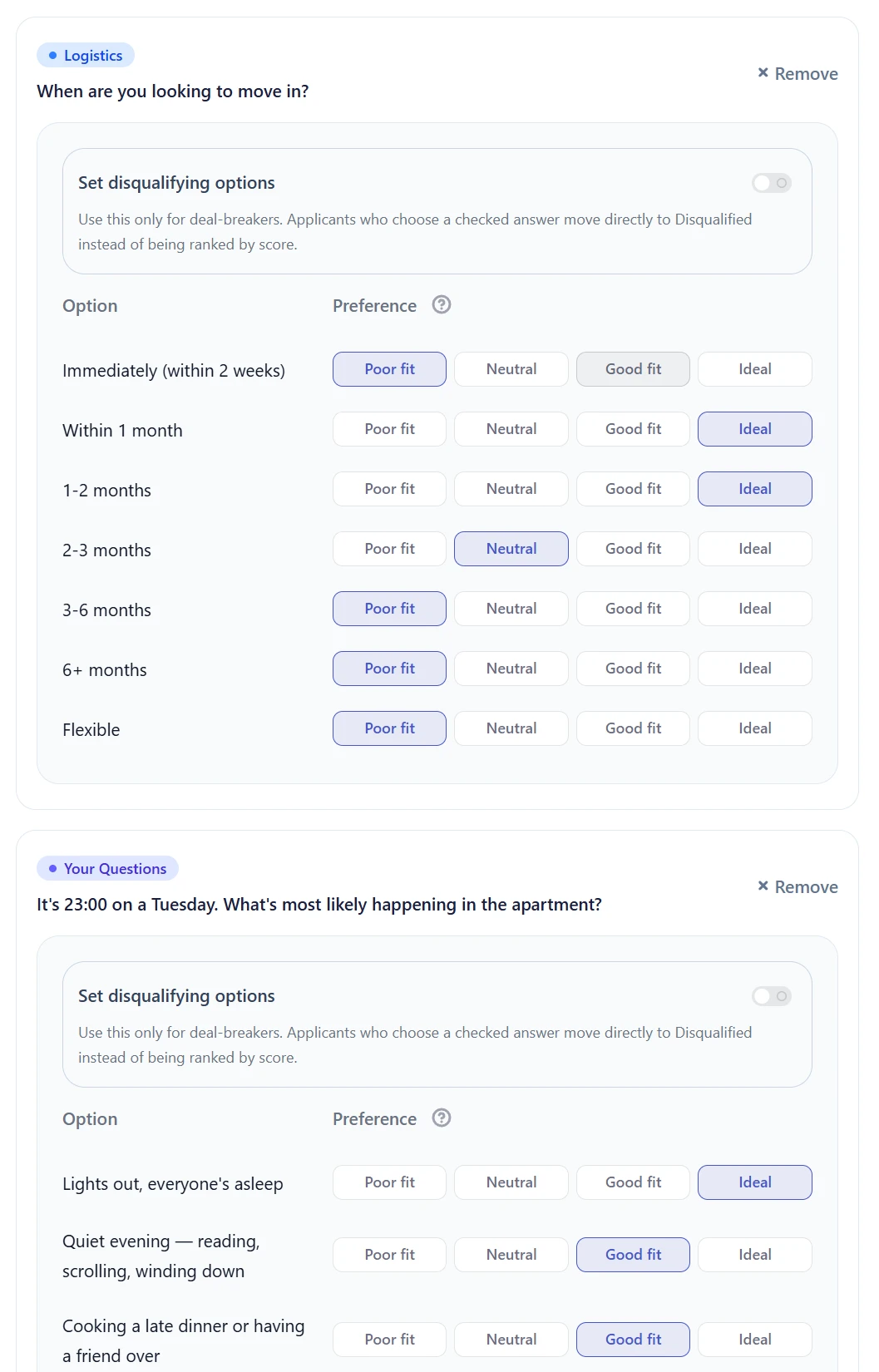 MyRoomMate questionnaire builder screenshot