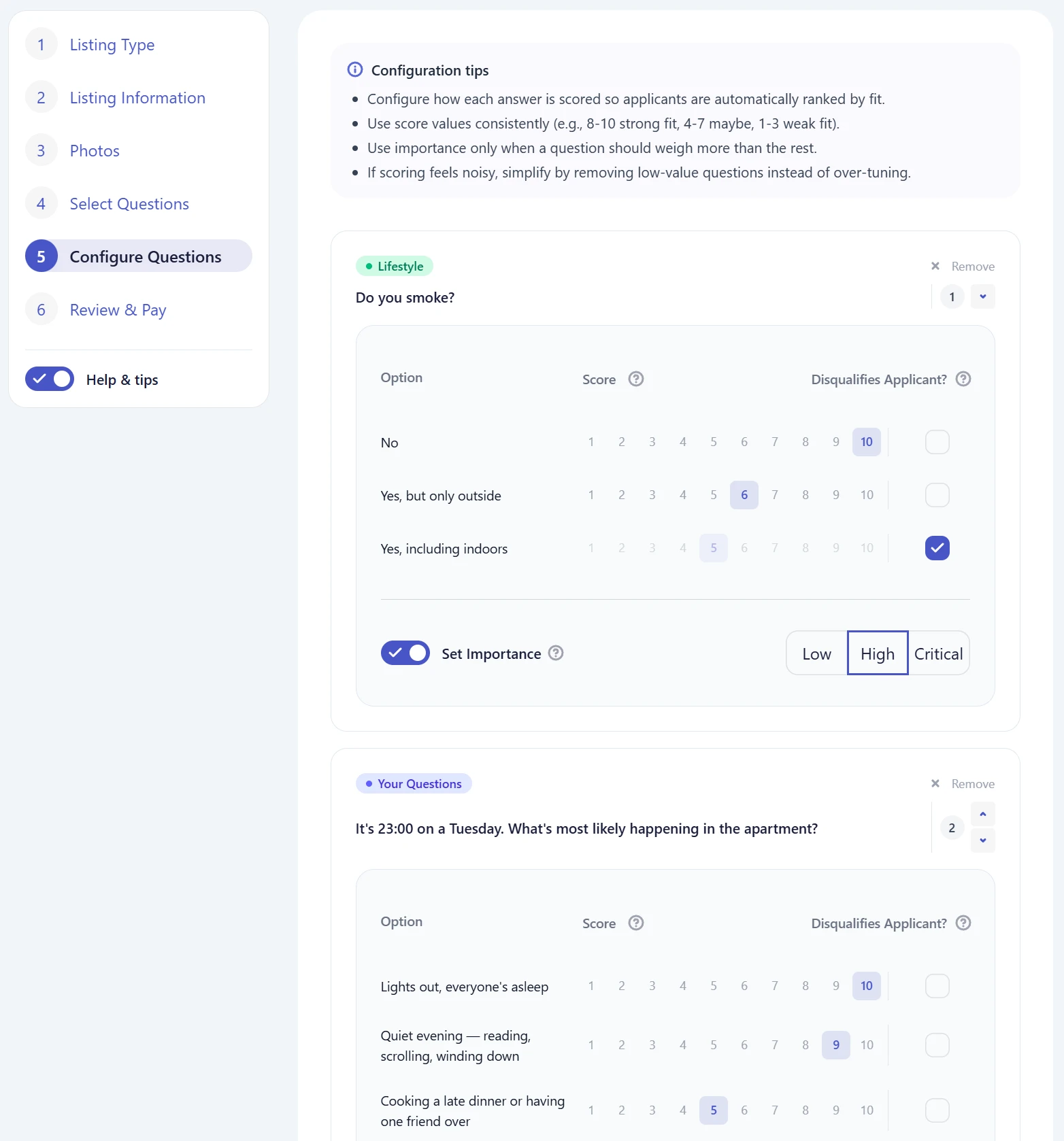 MyRoomMate questionnaire builder screenshot
